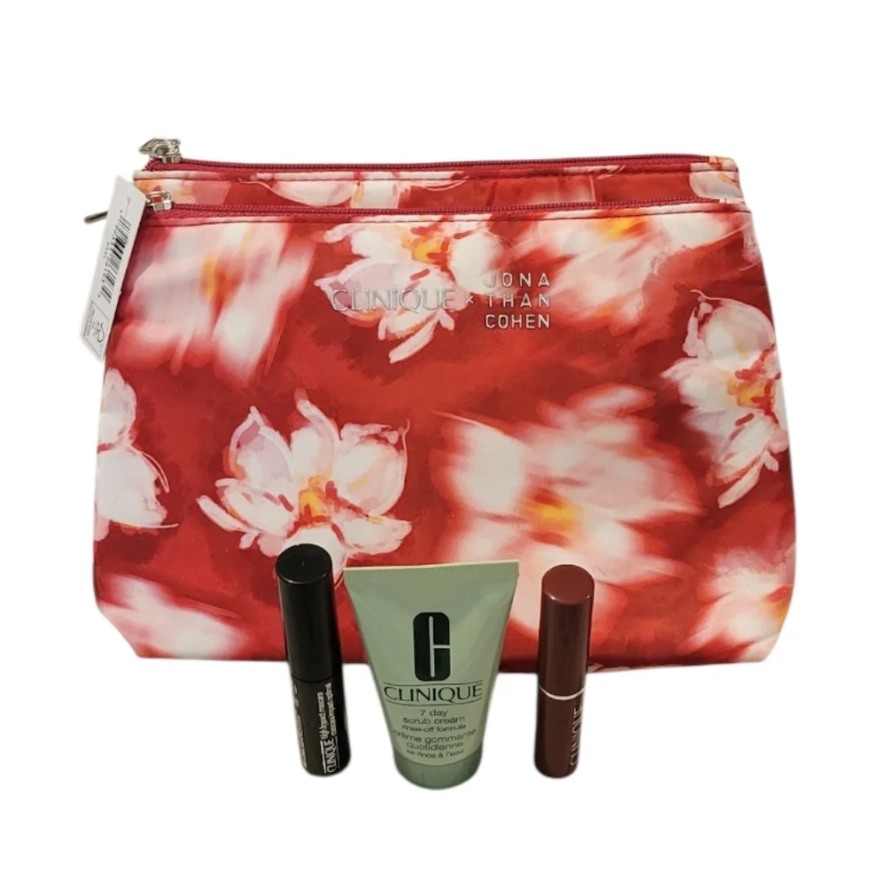 2 Clinique Jona Than Cohen Red Floral Makeup Bags & 3 Mini Clinique Products